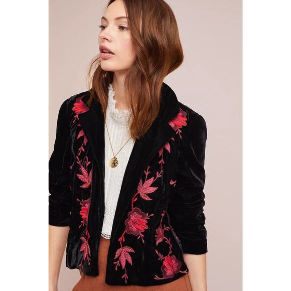 Ett:twa Anthropologie Velvet Embroidered Blazer Jacket - Picture 1 of 7